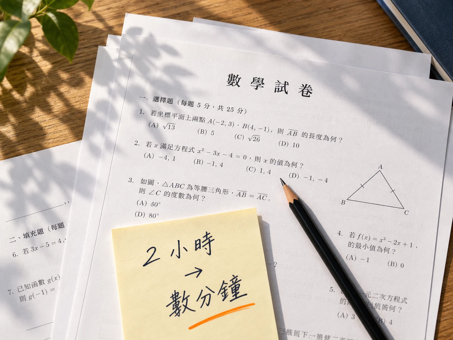 數學試卷與寫有兩小時到數分鐘的便條紙，家教出卷助手概念封面
